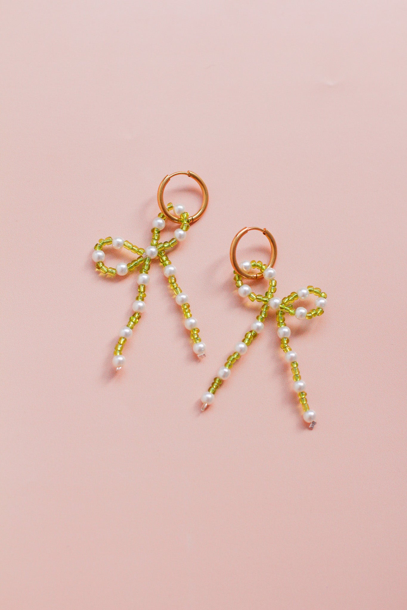 charlotte - green & white beaded bow hoops